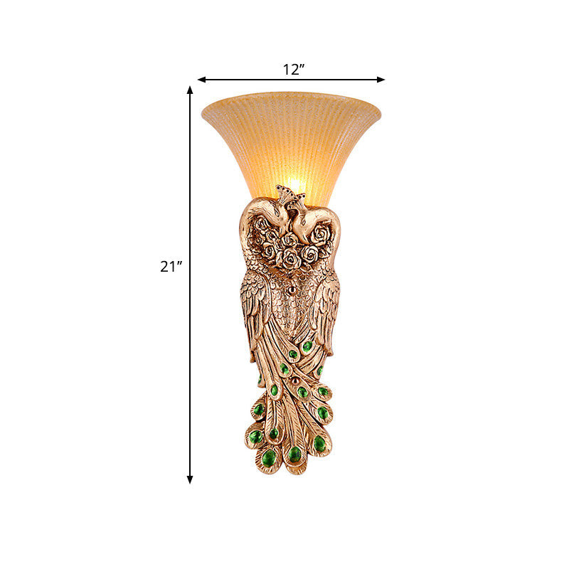 Flared Corridor Sconce Lamp With Peacock Design - Country Amber Glass And Resin Gold Finish Wall