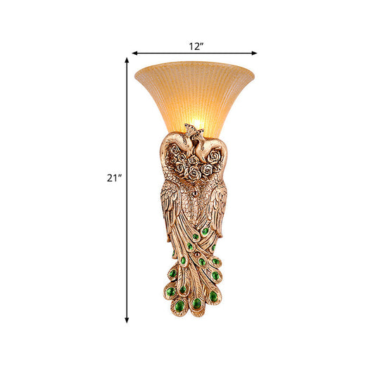 Flared Corridor Sconce Lamp With Peacock Design - Country Amber Glass And Resin Gold Finish Wall