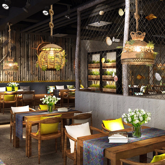 6.5/8.5 Industrial Style Rope Pendant Light With Leaf Accent - Global Restaurant Hanging Ceiling