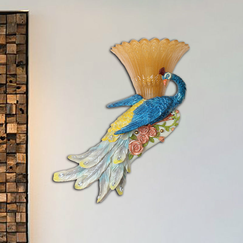 Country Style Flared Wall Sconce With Blue Peacock Design - 1 Bulb Amber Glass And Resin Lighting