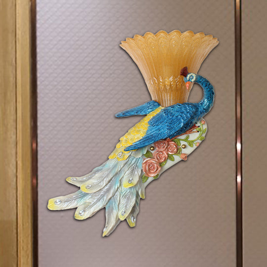 Country Style Flared Wall Sconce With Blue Peacock Design - 1 Bulb Amber Glass And Resin Lighting