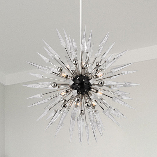 Modern Silver Starburst Chandelier With 9 Clear Crystal Lights - Perfect For Restaurants