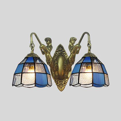 White And Blue Glass Sconce Light With 2 Heads For Wall Mounting In Corridor - Tiffany Dome Design