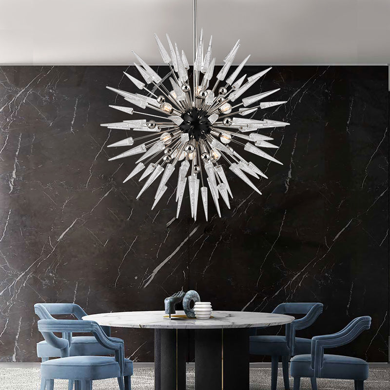 Modern Silver Starburst Chandelier With 9 Clear Crystal Lights - Perfect For Restaurants