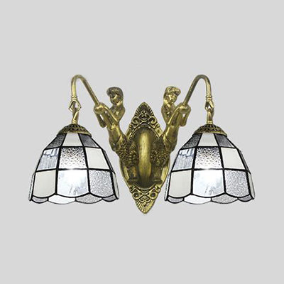 White And Blue Glass Sconce Light With 2 Heads For Wall Mounting In Corridor - Tiffany Dome Design