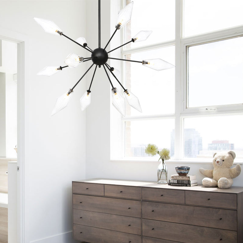 Mid-Century Diamond Shade Chandelier - Amber/Clear Ribbed Glass - 9/12/15 Lights - Living Room Pendant Lighting