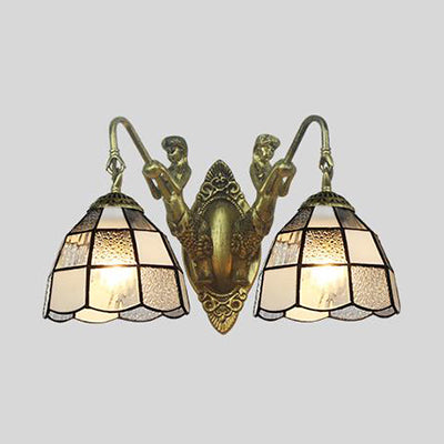 White And Blue Glass Sconce Light With 2 Heads For Wall Mounting In Corridor - Tiffany Dome Design