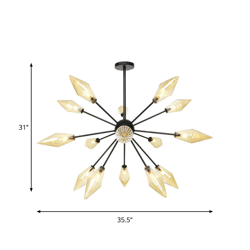 Mid-Century Diamond Shade Chandelier - Amber/Clear Ribbed Glass - 9/12/15 Lights - Living Room Pendant Lighting