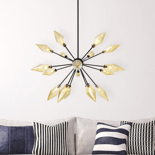 Mid-Century Diamond Shade Chandelier Light Fixture With Ribbed Glass (9/12/15 Lights) - Living Room