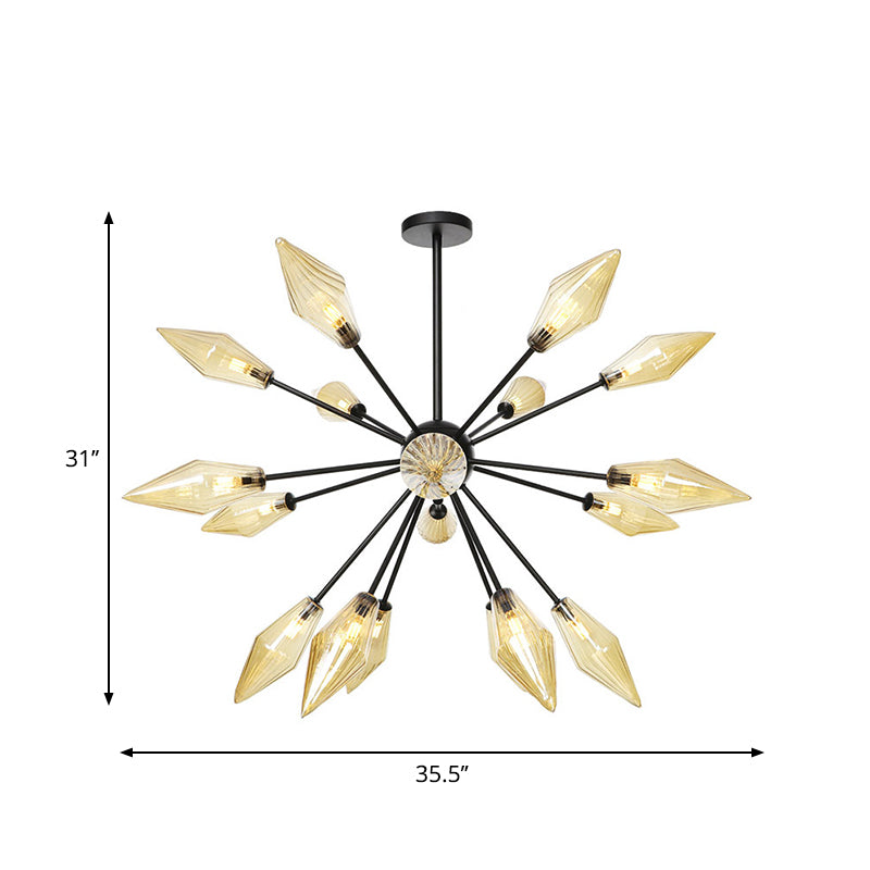 Mid-Century Diamond Shade Chandelier - Amber/Clear Ribbed Glass - 9/12/15 Lights - Living Room Pendant Lighting