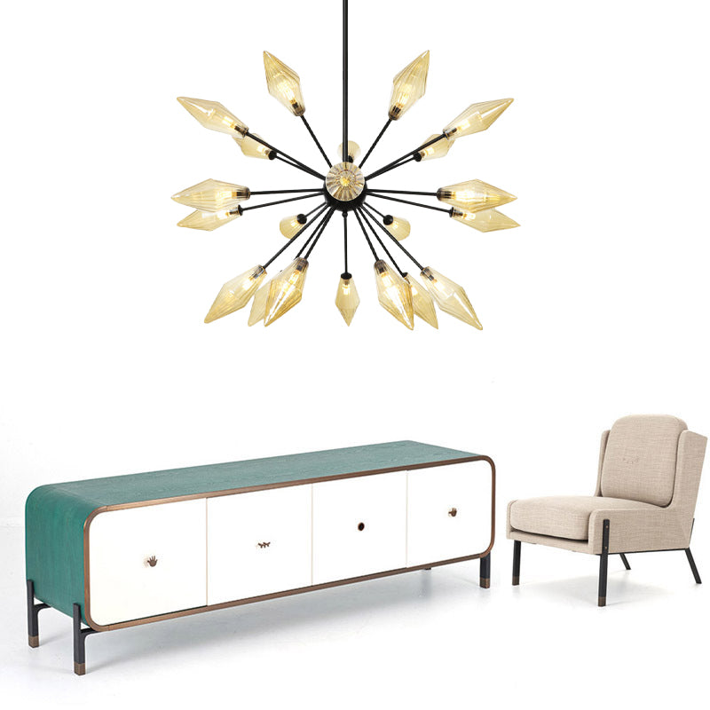 Mid-Century Diamond Shade Chandelier - Amber/Clear Ribbed Glass - 9/12/15 Lights - Living Room Pendant Lighting