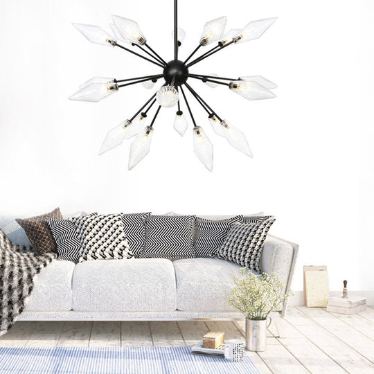 Mid-Century Diamond Shade Chandelier Light Fixture With Ribbed Glass (9/12/15 Lights) - Living Room