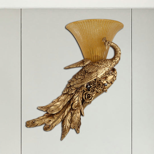 Vintage Style Bell Yellow Glass Wall Sconce With Golden Peacock Design - Left/Right