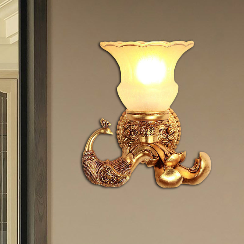 Vintage Style Frosted Glass Petal Wall Sconce With Gold Peacock Backplate - Elegant 1 Bulb Corridor