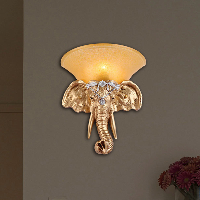 Golden Elephant Head Wall Lamp With Flared Yellow Glass Shade - Retro-Style Resin Sconce Gold