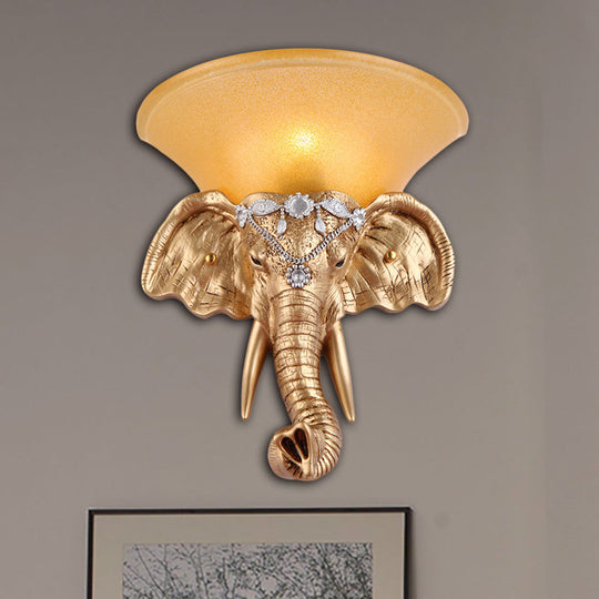 Golden Elephant Head Wall Lamp With Flared Yellow Glass Shade - Retro-Style Resin Sconce