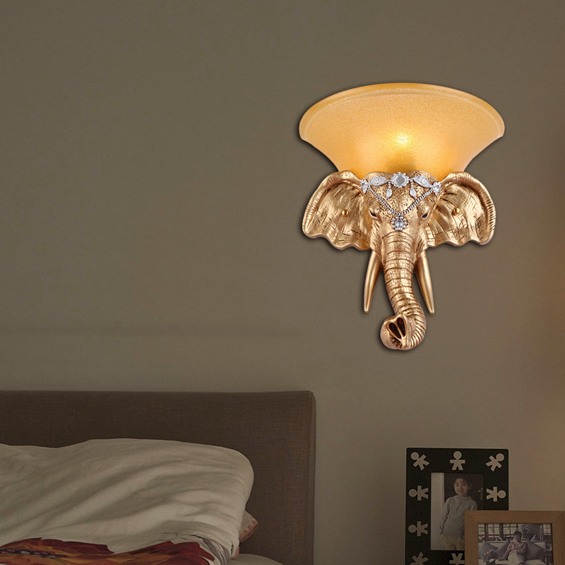 Golden Elephant Head Wall Lamp With Flared Yellow Glass Shade - Retro-Style Resin Sconce