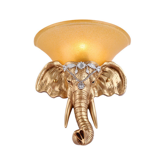 Golden Elephant Head Wall Lamp With Flared Yellow Glass Shade - Retro-Style Resin Sconce