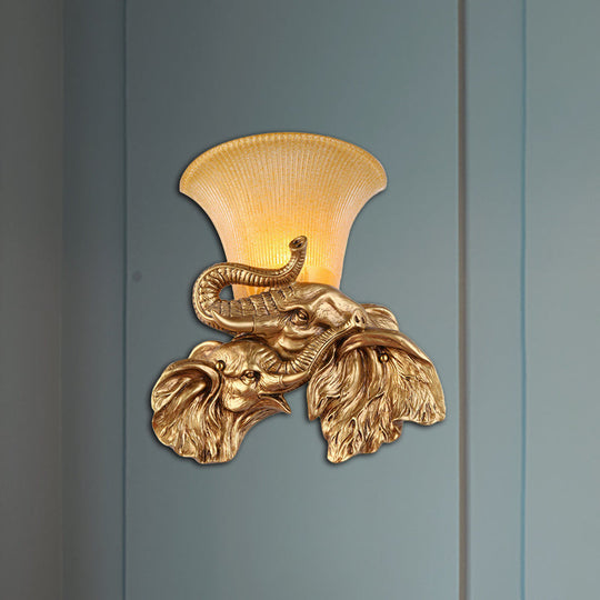 Traditional Style 1-Light Gold Wall Lamp With Elephant Design Bell Yellow Glass Bedroom Sconce