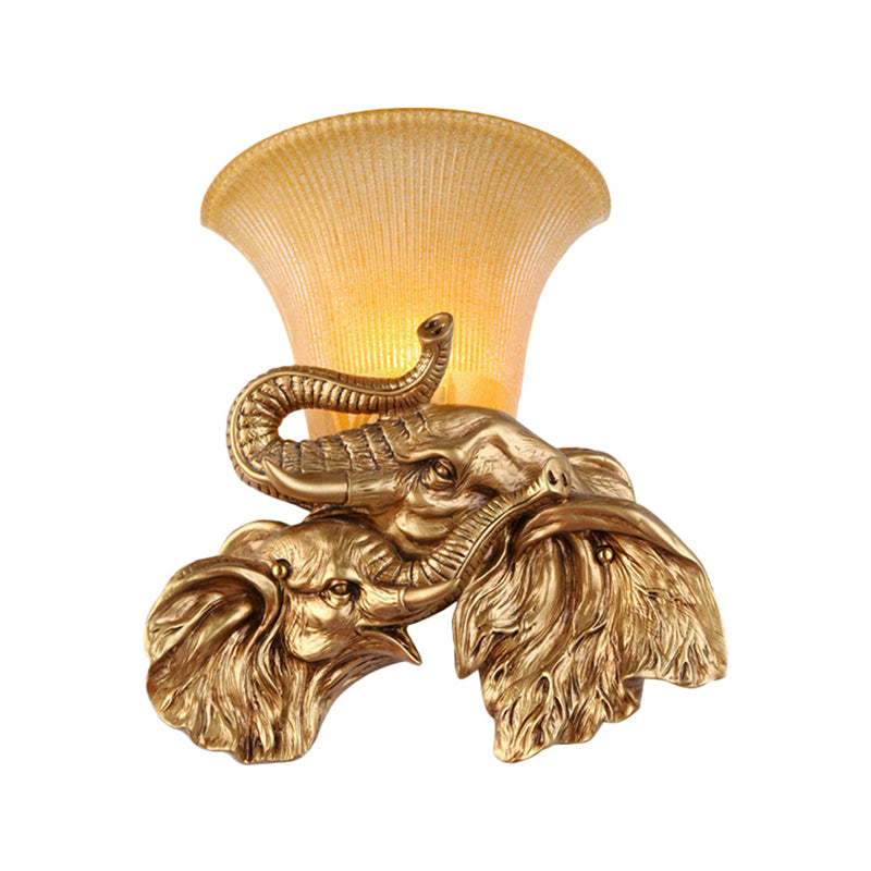 Traditional Style 1-Light Gold Wall Lamp With Elephant Design Bell Yellow Glass Bedroom Sconce