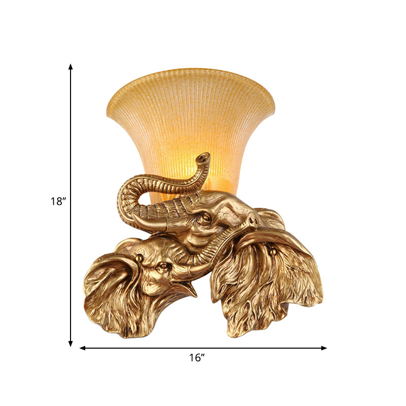 Traditional Style 1-Light Gold Wall Lamp With Elephant Design Bell Yellow Glass Bedroom Sconce