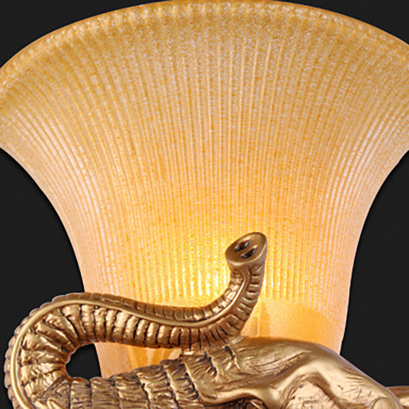 Traditional Style 1-Light Gold Wall Lamp With Elephant Design Bell Yellow Glass Bedroom Sconce