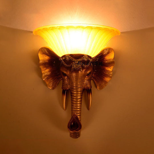 Vintage Style Yellow Glass Sconce Light Fixture With Golden Elephant Design - Wall Mount Lamp