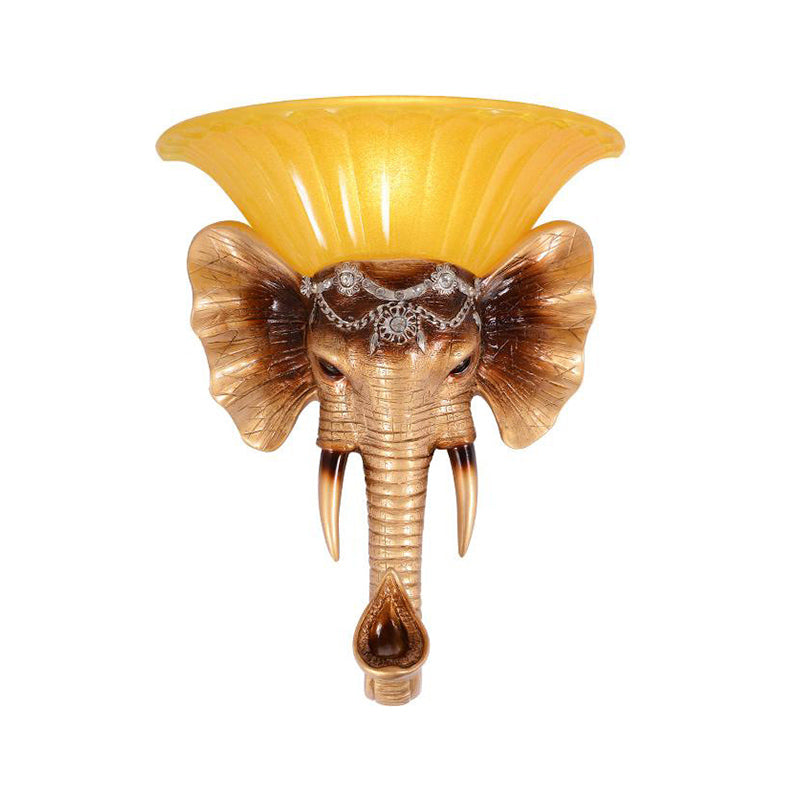 Vintage Style Yellow Glass Sconce Light Fixture With Golden Elephant Design - Wall Mount Lamp