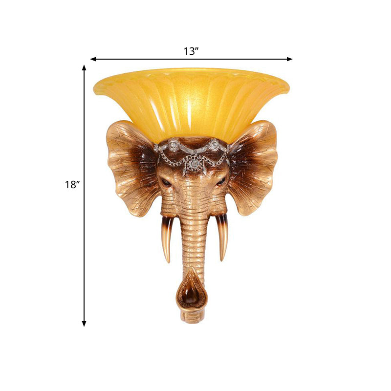 Vintage Style Yellow Glass Sconce Light Fixture With Golden Elephant Design - Wall Mount Lamp