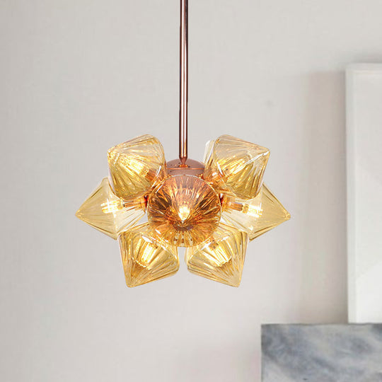 Stylish Farmhouse Chandelier Lamp: Diamond Amber/Clear Glass, 9/12 Heads, Copper/Gold Finish