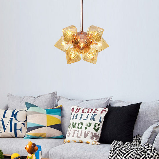 Stylish Farmhouse Chandelier Lamp: Diamond Amber/Clear Glass, 9/12 Heads, Copper/Gold Finish