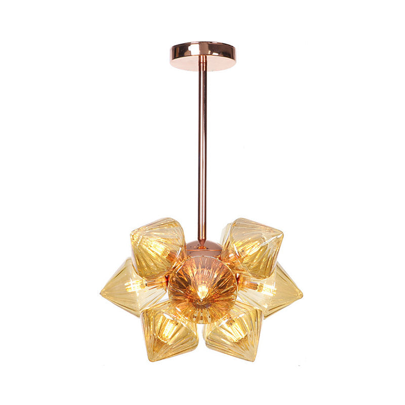 Stylish Farmhouse Chandelier Lamp: Diamond Amber/Clear Glass, 9/12 Heads, Copper/Gold Finish