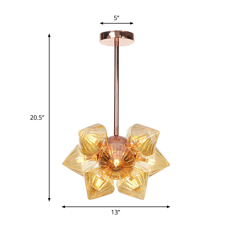 Stylish Farmhouse Chandelier Lamp: Diamond Amber/Clear Glass, 9/12 Heads, Copper/Gold Finish