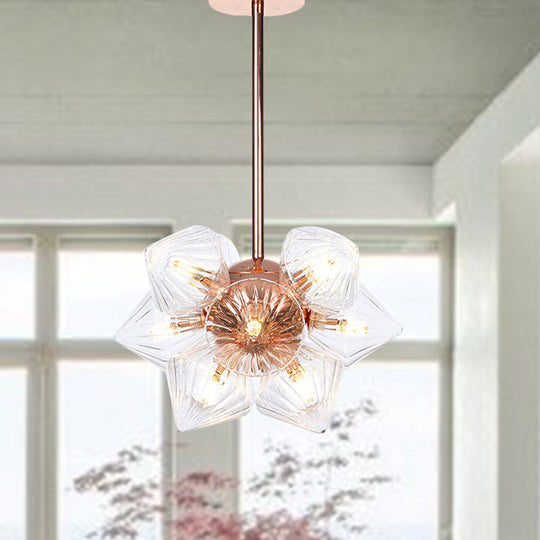 Stylish Farmhouse Chandelier Lamp: Diamond Amber/Clear Glass, 9/12 Heads, Copper/Gold Finish