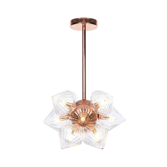 Stylish Farmhouse Chandelier Lamp: Diamond Amber/Clear Glass, 9/12 Heads, Copper/Gold Finish