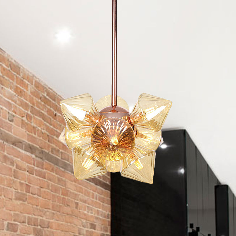 Stylish Farmhouse Chandelier Lamp: Diamond Amber/Clear Glass, 9/12 Heads, Copper/Gold Finish