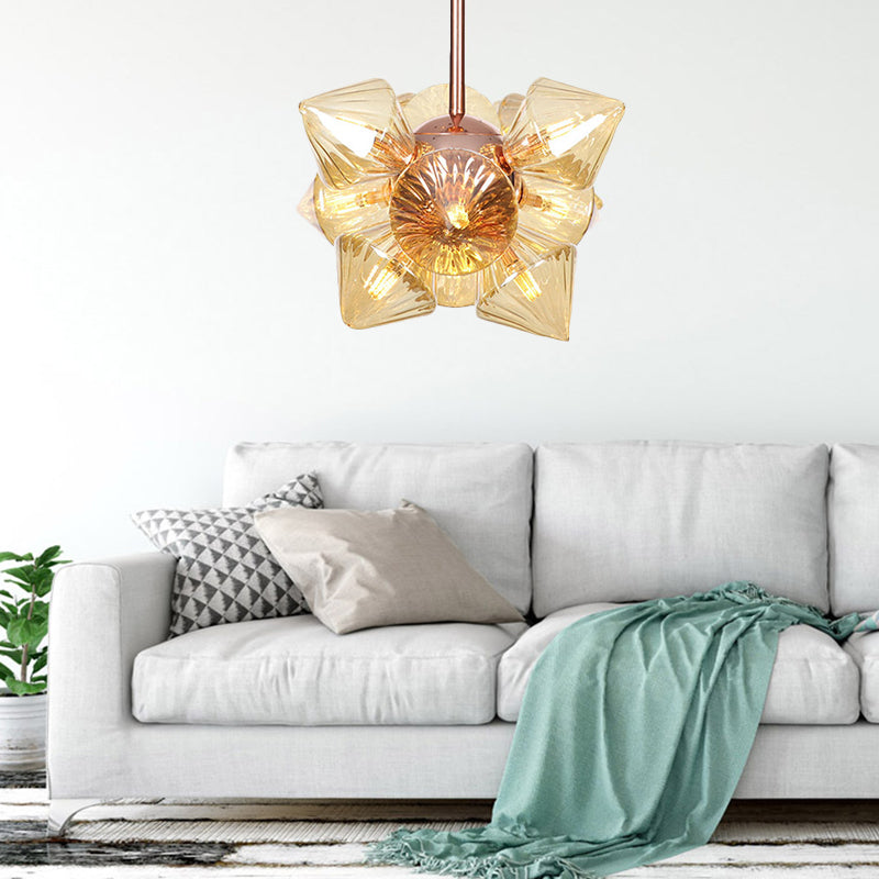 Stylish Farmhouse Chandelier Lamp: Diamond Amber/Clear Glass, 9/12 Heads, Copper/Gold Finish