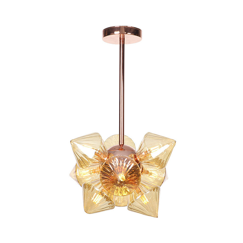 Stylish Farmhouse Chandelier Lamp: Diamond Amber/Clear Glass, 9/12 Heads, Copper/Gold Finish