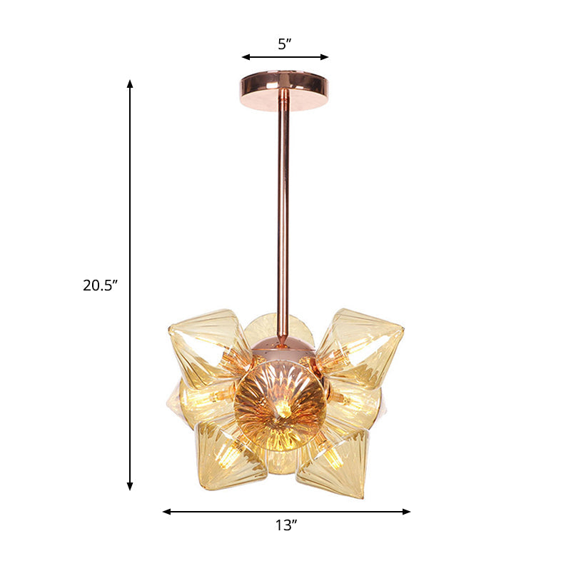 Stylish Farmhouse Chandelier Lamp: Diamond Amber/Clear Glass, 9/12 Heads, Copper/Gold Finish