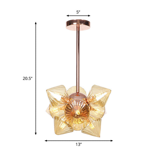 Stylish Farmhouse Chandelier Lamp: Diamond Amber/Clear Glass, 9/12 Heads, Copper/Gold Finish