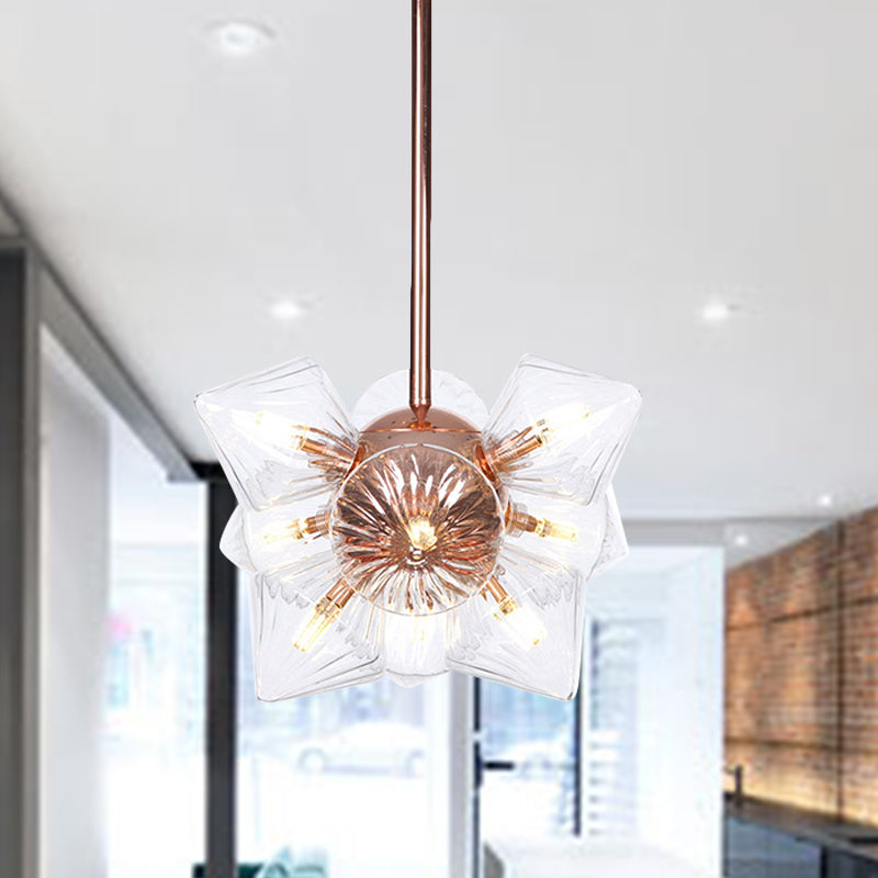 Stylish Farmhouse Chandelier Lamp: Diamond Amber/Clear Glass, 9/12 Heads, Copper/Gold Finish