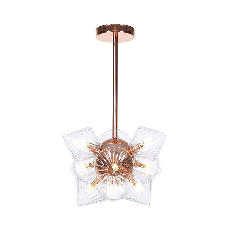 Stylish Farmhouse Chandelier Lamp: Diamond Amber/Clear Glass, 9/12 Heads, Copper/Gold Finish