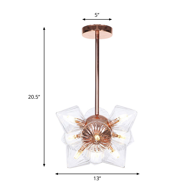 Stylish Farmhouse Chandelier Lamp: Diamond Amber/Clear Glass, 9/12 Heads, Copper/Gold Finish