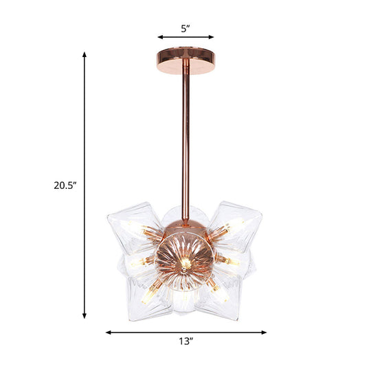 Stylish Farmhouse Chandelier Lamp: Diamond Amber/Clear Glass, 9/12 Heads, Copper/Gold Finish