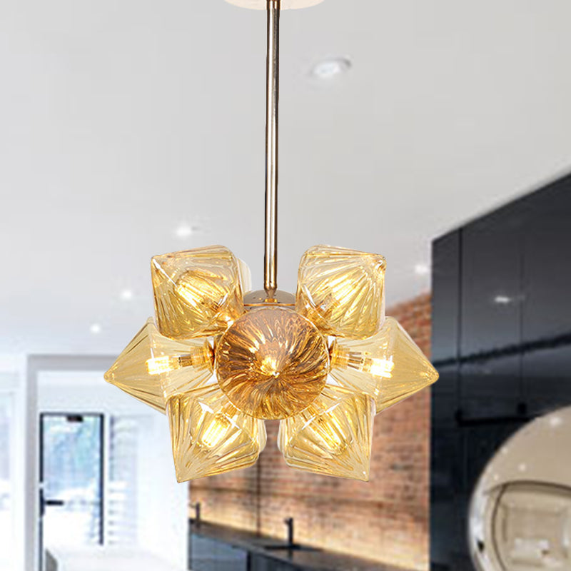 Stylish Farmhouse Chandelier Lamp: Diamond Amber/Clear Glass, 9/12 Heads, Copper/Gold Finish