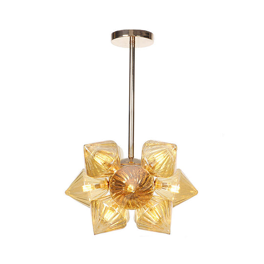 Stylish Farmhouse Chandelier Lamp: Diamond Amber/Clear Glass, 9/12 Heads, Copper/Gold Finish