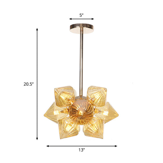 Stylish Farmhouse Chandelier Lamp: Diamond Amber/Clear Glass, 9/12 Heads, Copper/Gold Finish