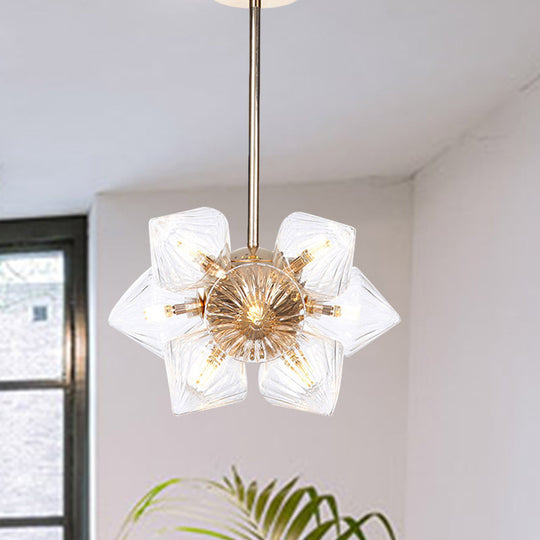 Stylish Farmhouse Chandelier Lamp: Diamond Amber/Clear Glass, 9/12 Heads, Copper/Gold Finish