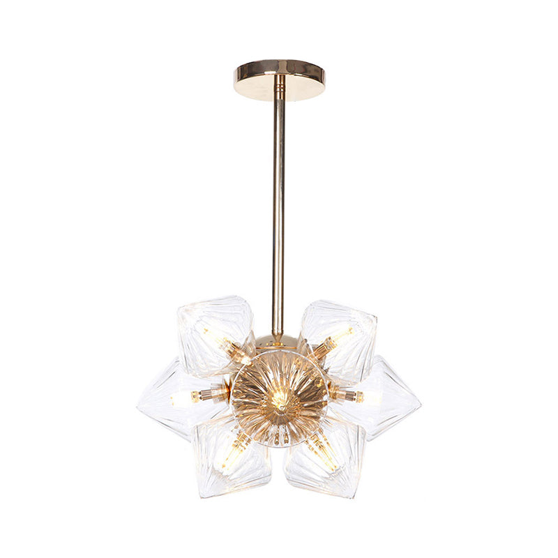 Stylish Farmhouse Chandelier Lamp: Diamond Amber/Clear Glass, 9/12 Heads, Copper/Gold Finish