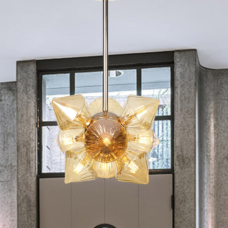 Stylish Farmhouse Chandelier Lamp: Diamond Amber/Clear Glass, 9/12 Heads, Copper/Gold Finish